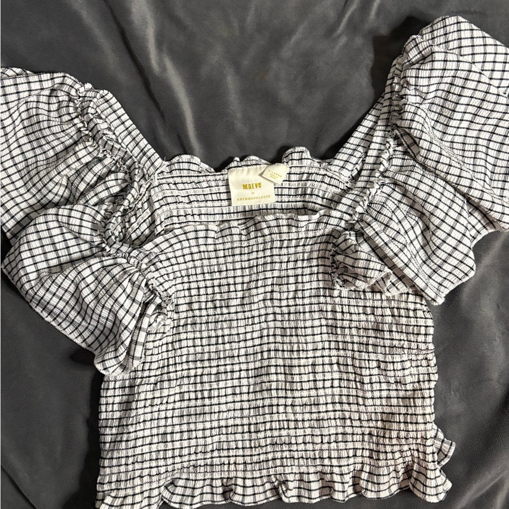 Maeve by Anthropologie Smocked Square-Neck Puff Sleeve Top in Black & White - Picture 2 of 5